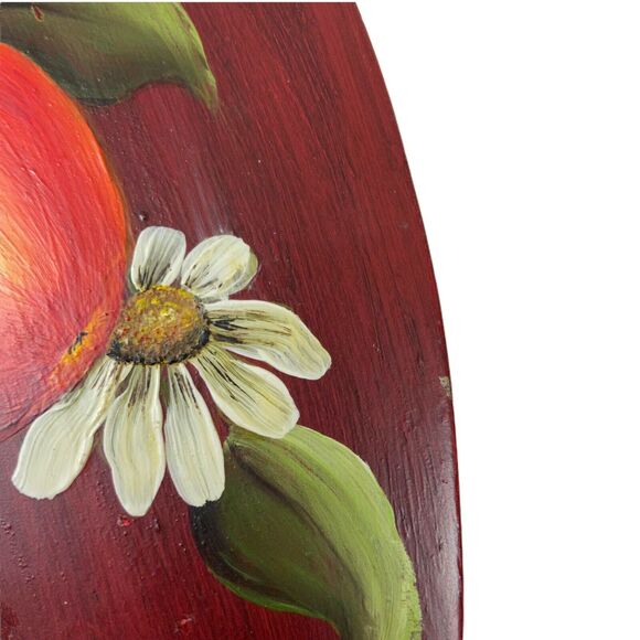 Floral Apple Shape Wood Art Trivet Vintage 70s Hand Painted Country Decorative - Picture 4 of 13